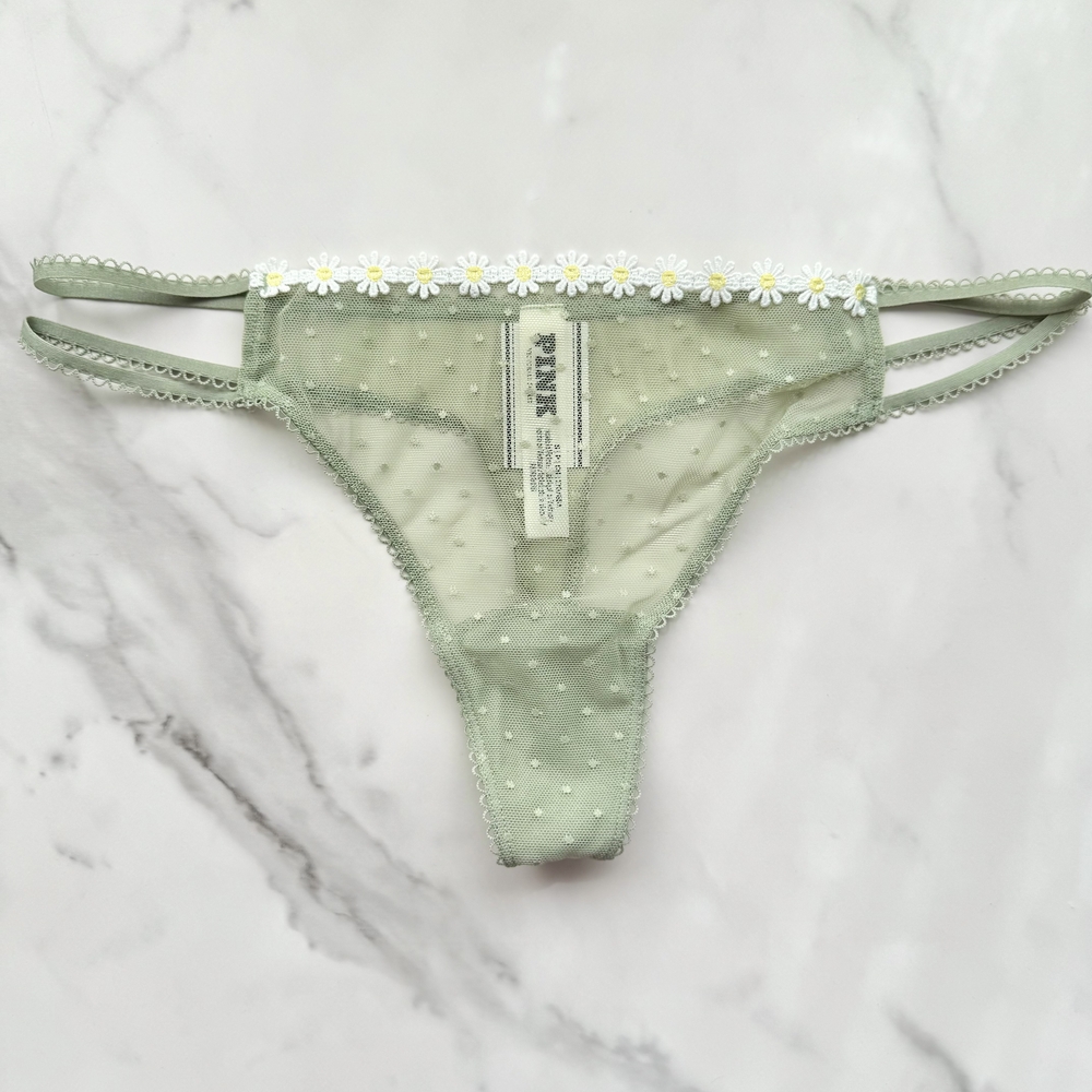 NWT PINK VICTORIA'S SECRET WINK STRAPPY DOT MESH THONG PANTY IN GREEN GARDEN
